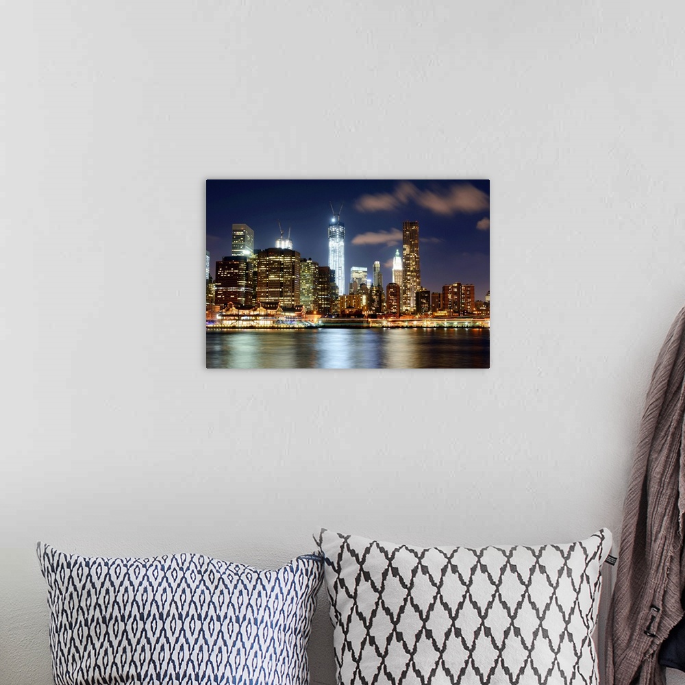 A bohemian room featuring Freedom Tower, One World Trade Center, night, East River, Downtown Manhattan, Manhattan, New York...
