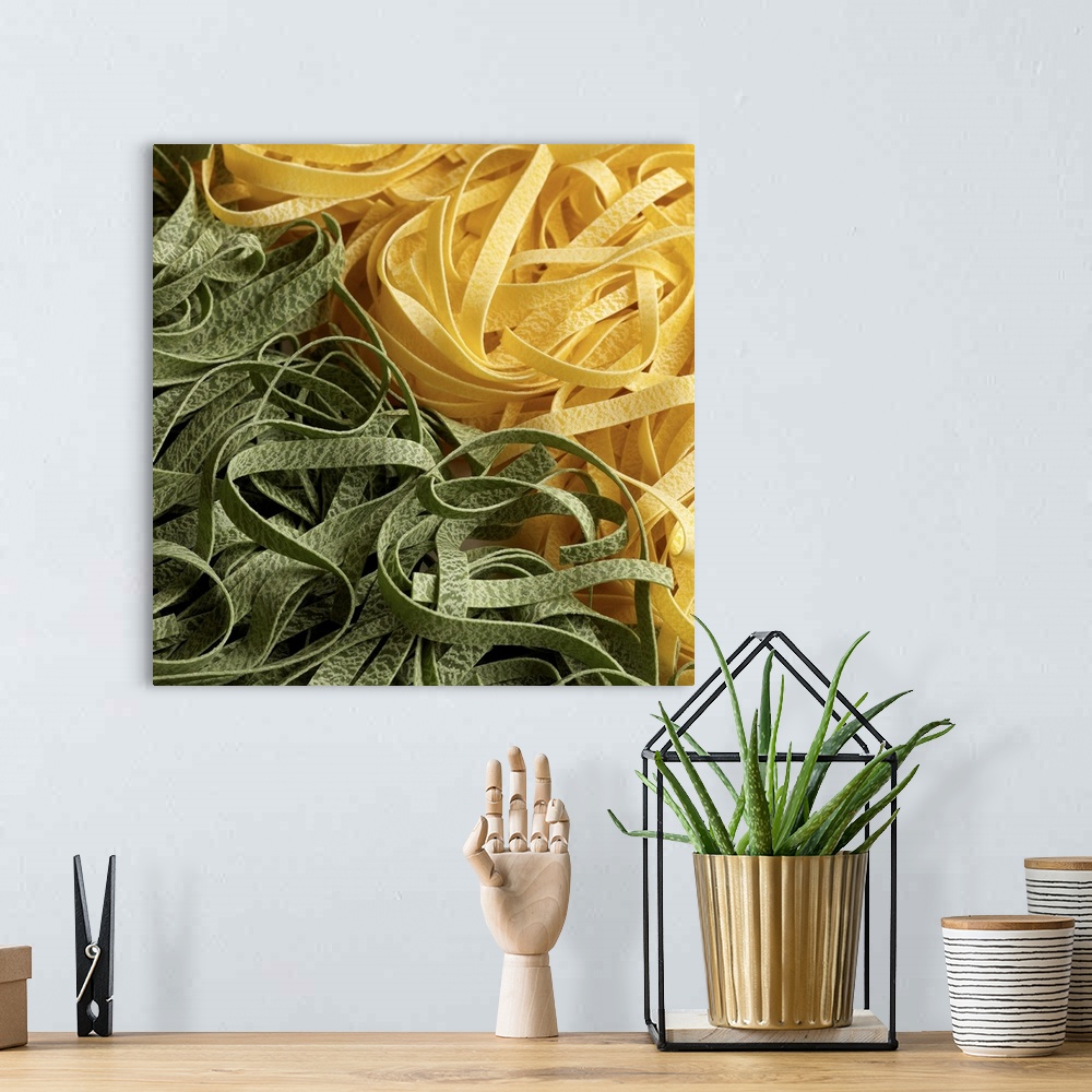 A bohemian room featuring Fresh dry fettuccini pasta in green and yellow