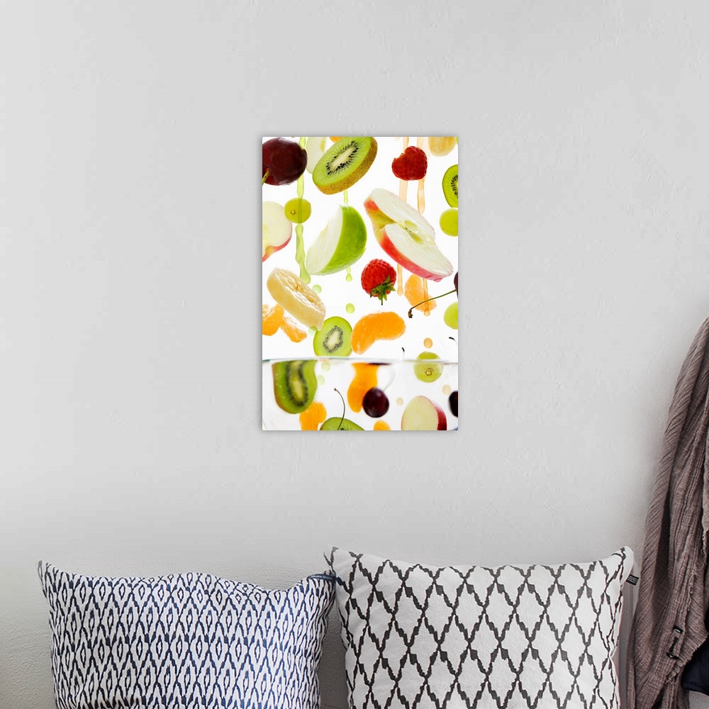 A bohemian room featuring Fresh mixed fruit with apple & orange juice