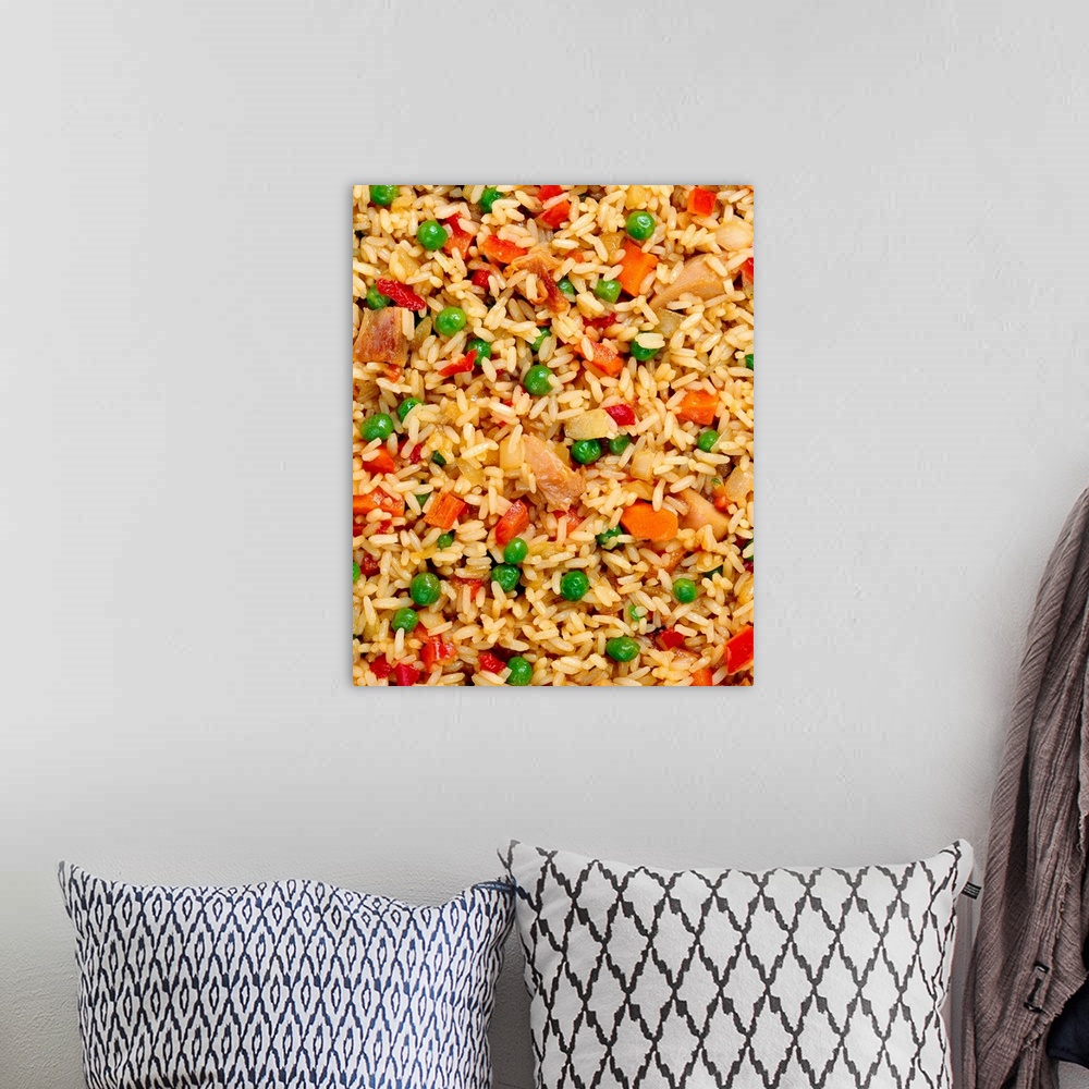 A bohemian room featuring Fried rice with vegetables