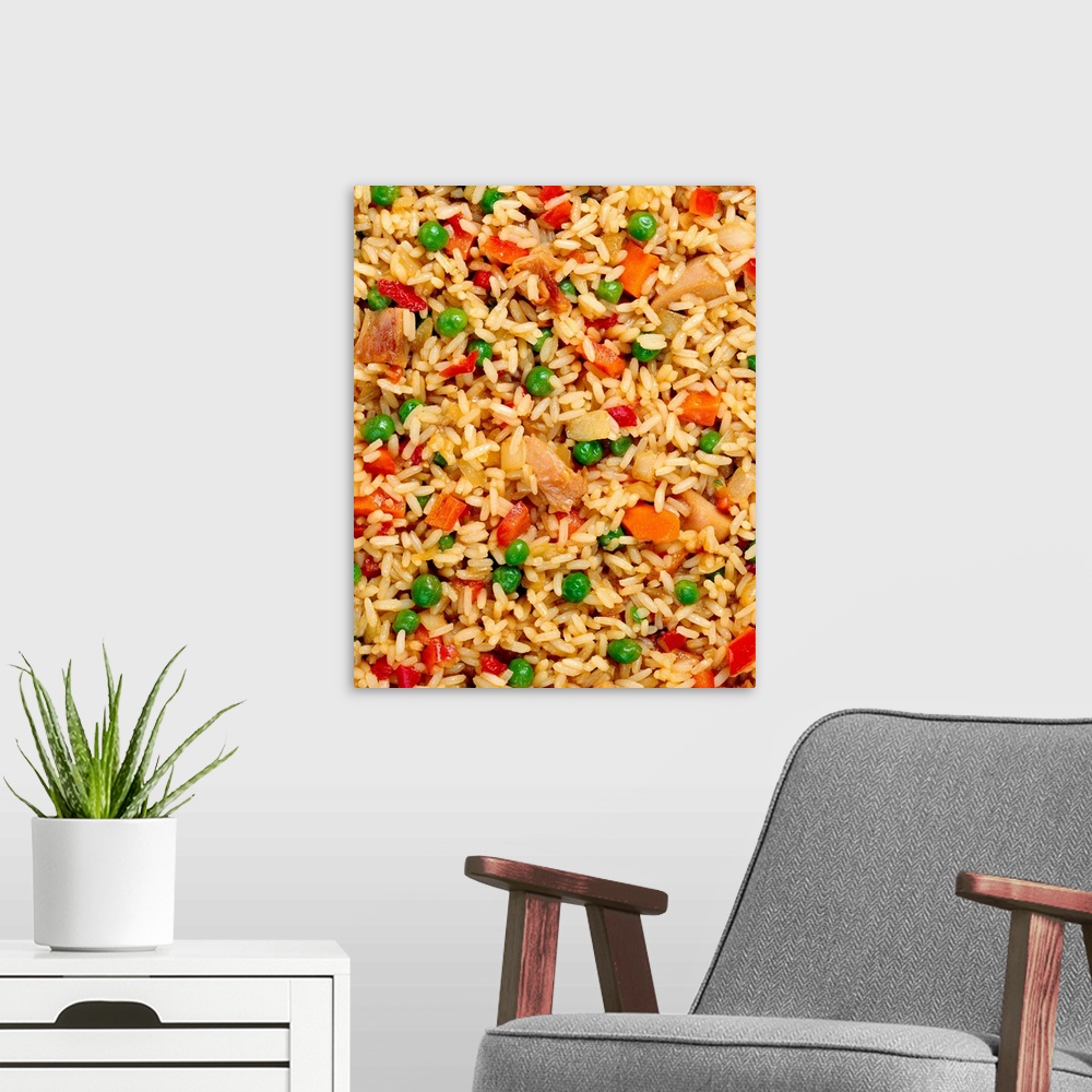 A modern room featuring Fried rice with vegetables