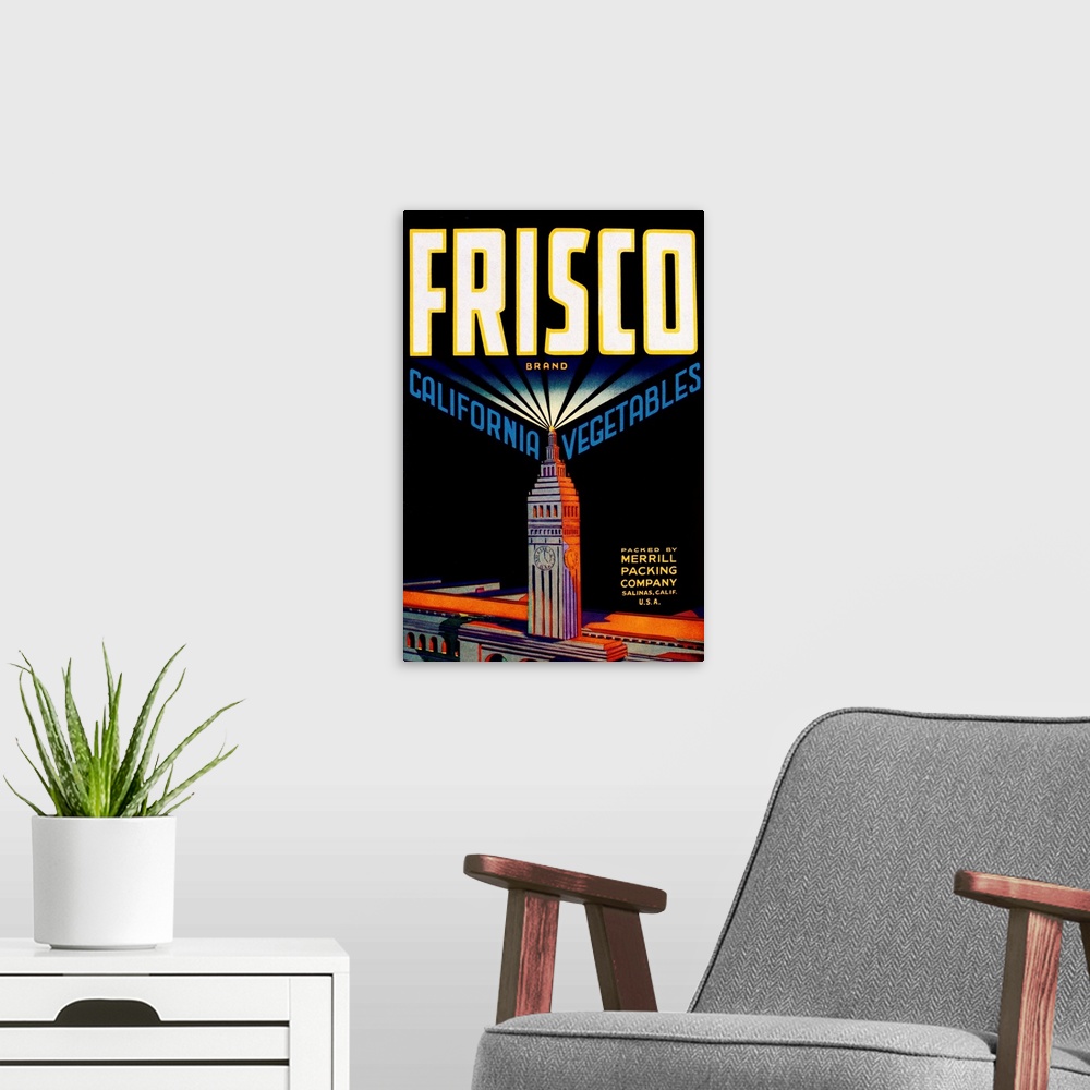 A modern room featuring Frisco California Vegetables Crate Label