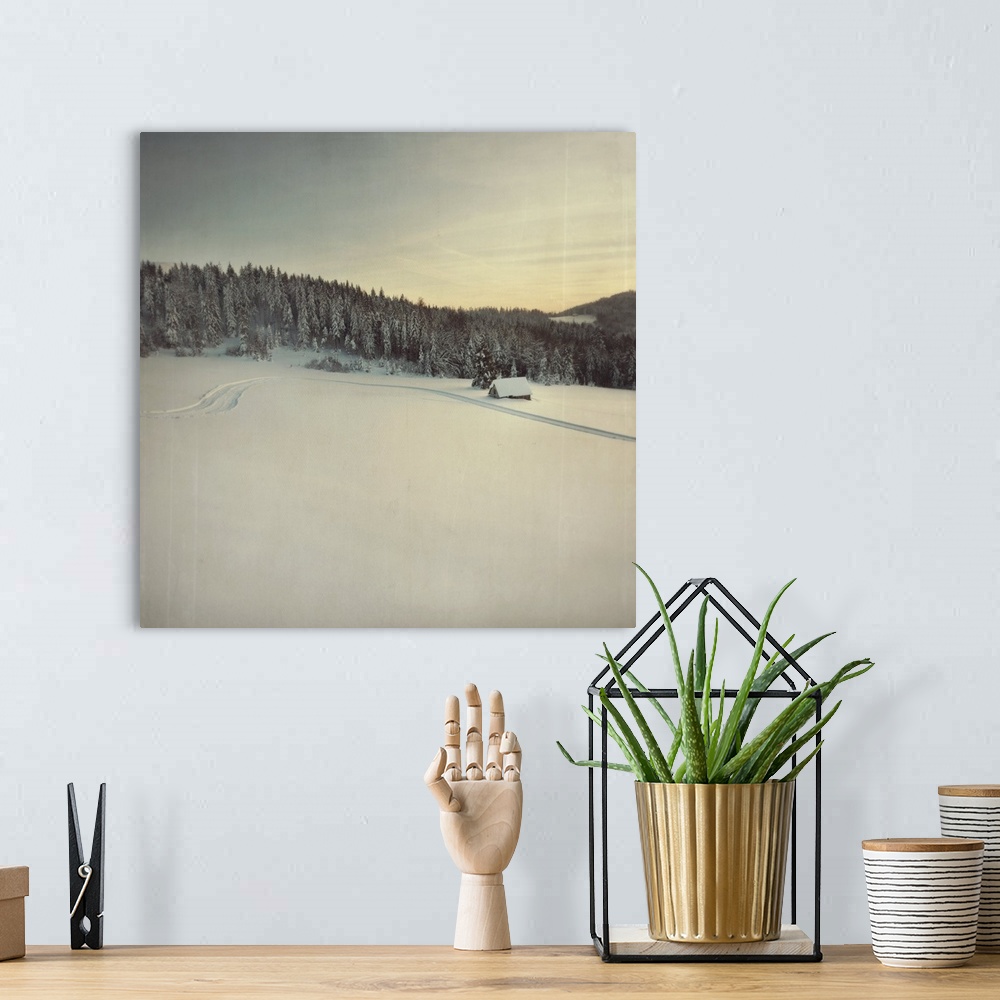 A bohemian room featuring Frost trees with path and small house on snowy mountain at sunset.