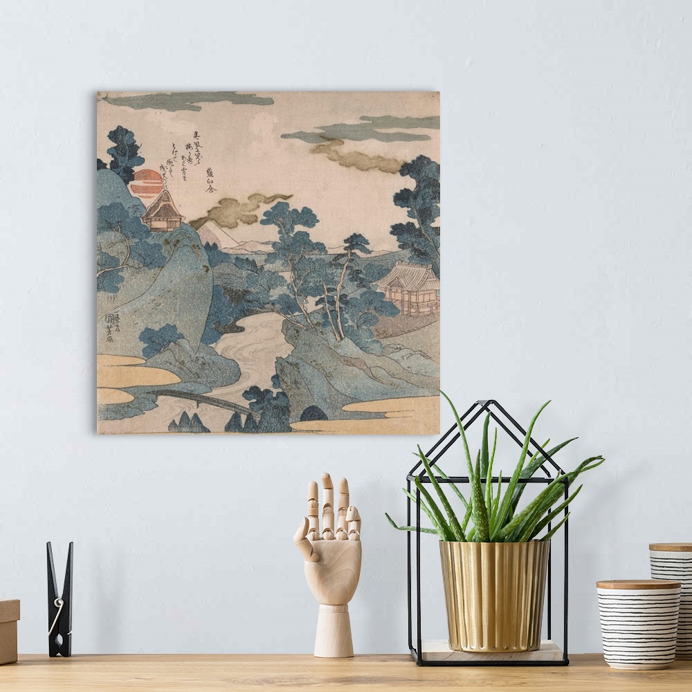 A bohemian room featuring The stream of Asazawa in spring with view of Mount Fuji from the hot springs at Hakone. Woodcut f...