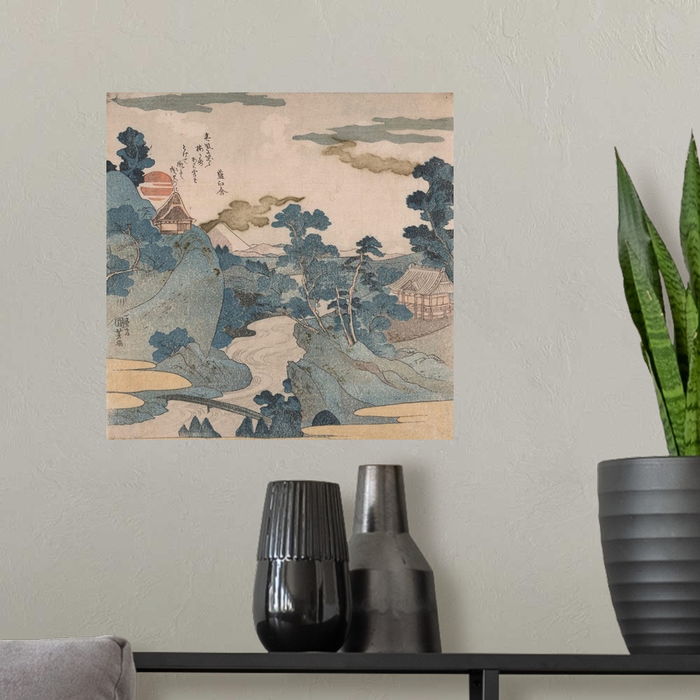 A modern room featuring The stream of Asazawa in spring with view of Mount Fuji from the hot springs at Hakone. Woodcut f...