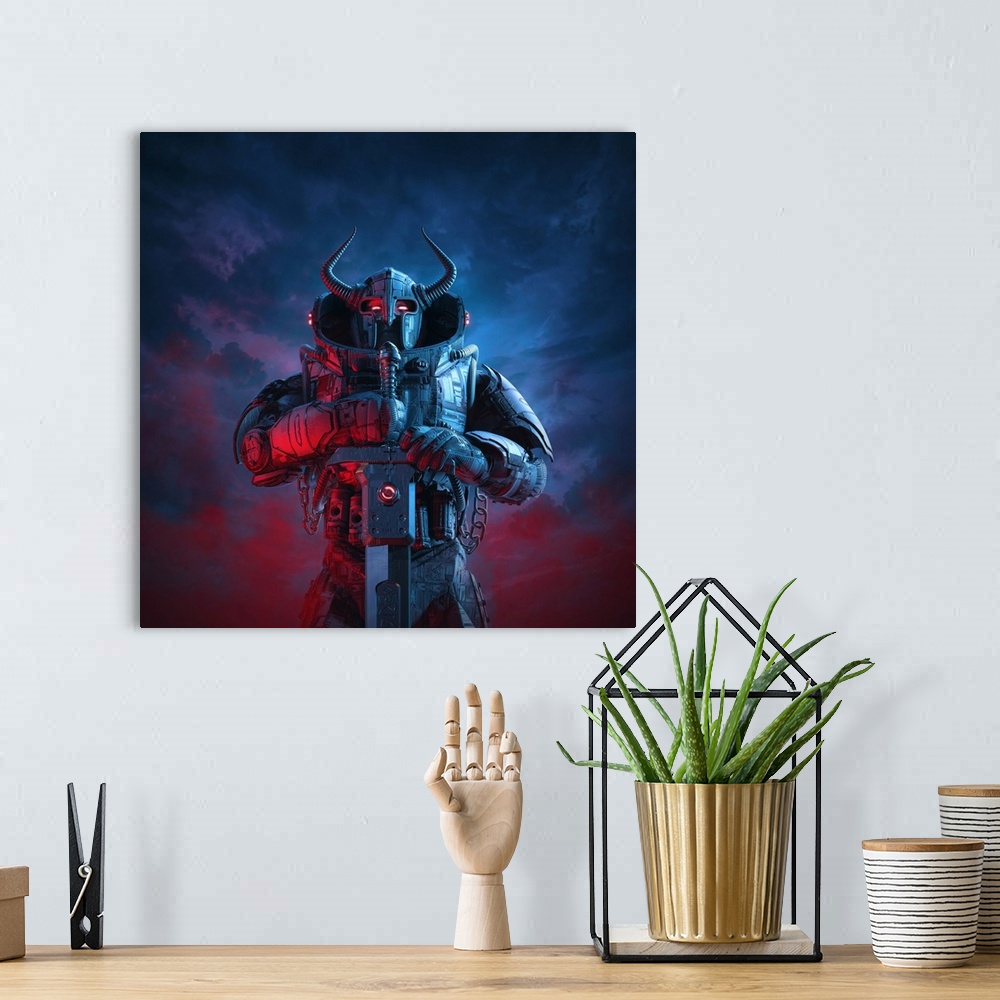 A bohemian room featuring 3D illustration of a science fiction barbarian robot knight with horned helmet and battle sword a...