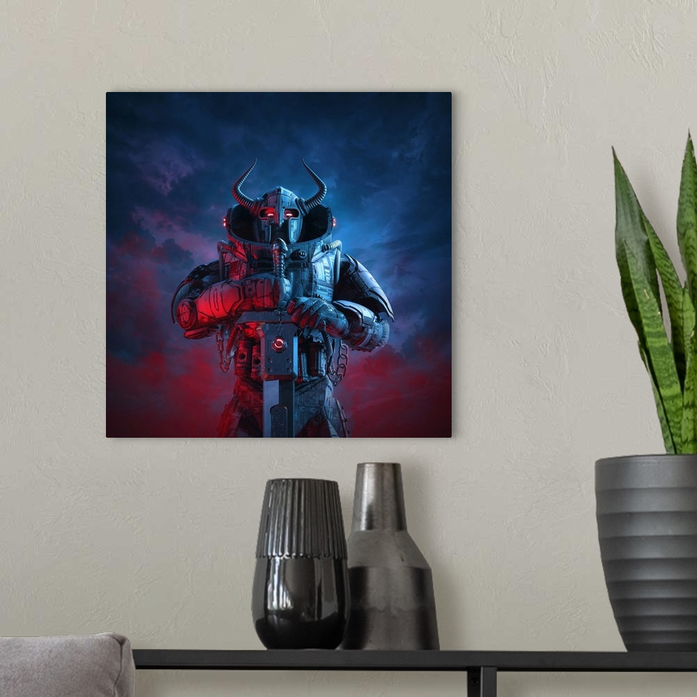 A modern room featuring 3D illustration of a science fiction barbarian robot knight with horned helmet and battle sword a...