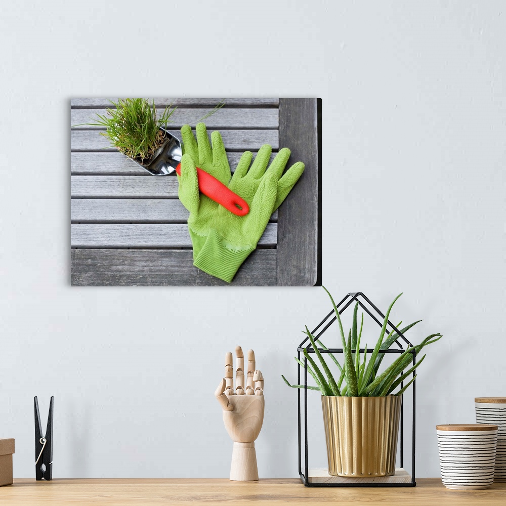 A bohemian room featuring Garden gloves and spade with planter