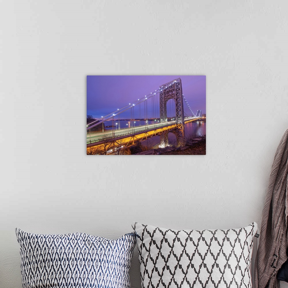 A bohemian room featuring George Washington Bridge at dawn in New York City.