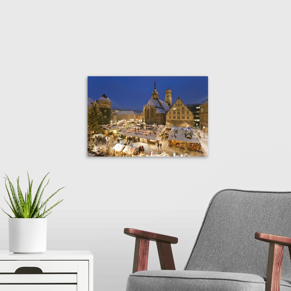 A modern room featuring Germany, Baden-Wrttemberg, Stuttgart, View of market in christmas at night