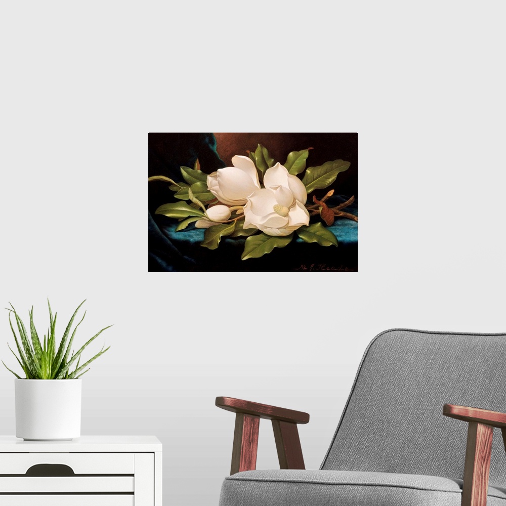 A modern room featuring Giant Magnolias On Blue Cloth By Martin Johnson Heade