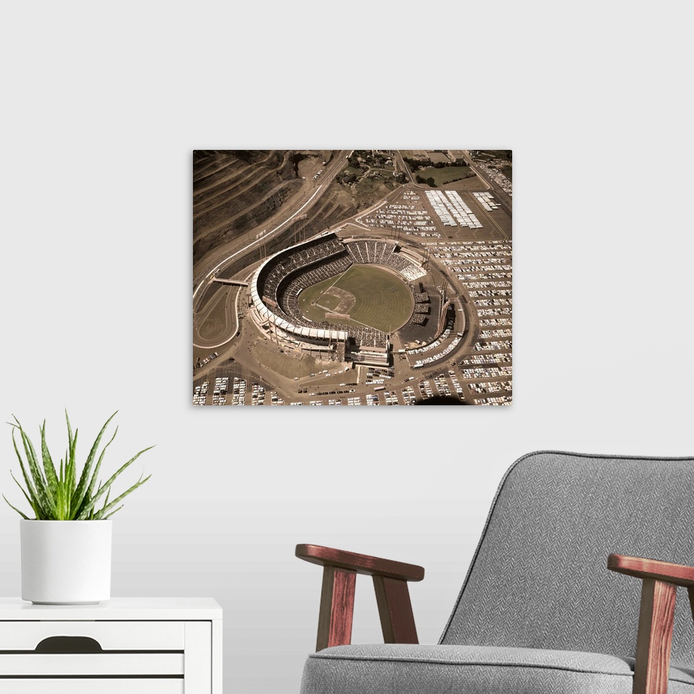 A modern room featuring General views and aerial views of Candlestick Park as the San Francisco Giants played their first...