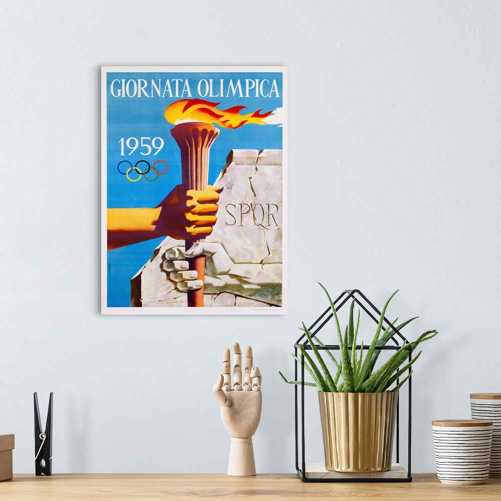 A bohemian room featuring Giornata Olimpica 1959 Poster By Nino Gregori