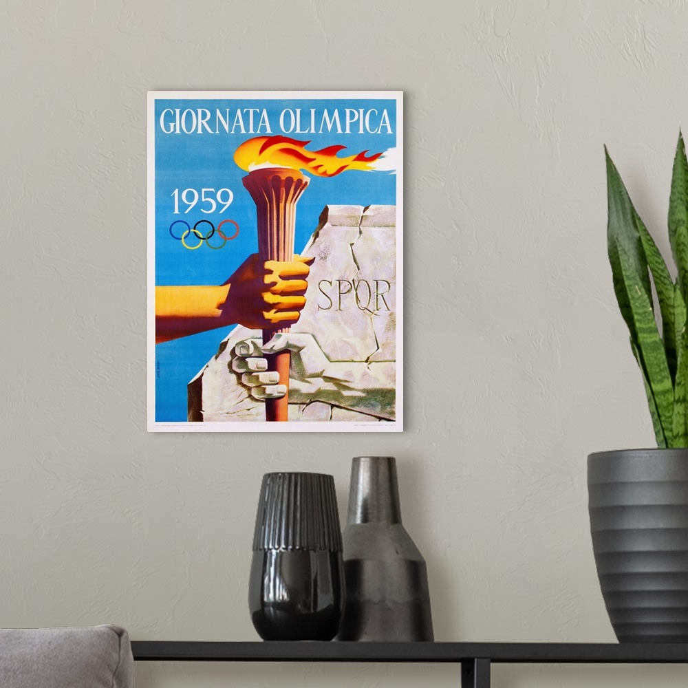 A modern room featuring Giornata Olimpica 1959 Poster By Nino Gregori