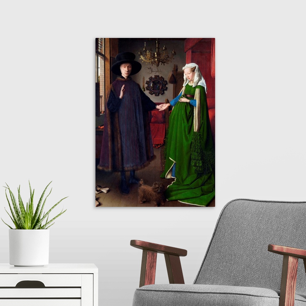 A modern room featuring Jan Van Eyck, Giovanni Arnolfini and His Bride (The Arnolfini Marriage), 1434. Oil on wood, 32 x ...