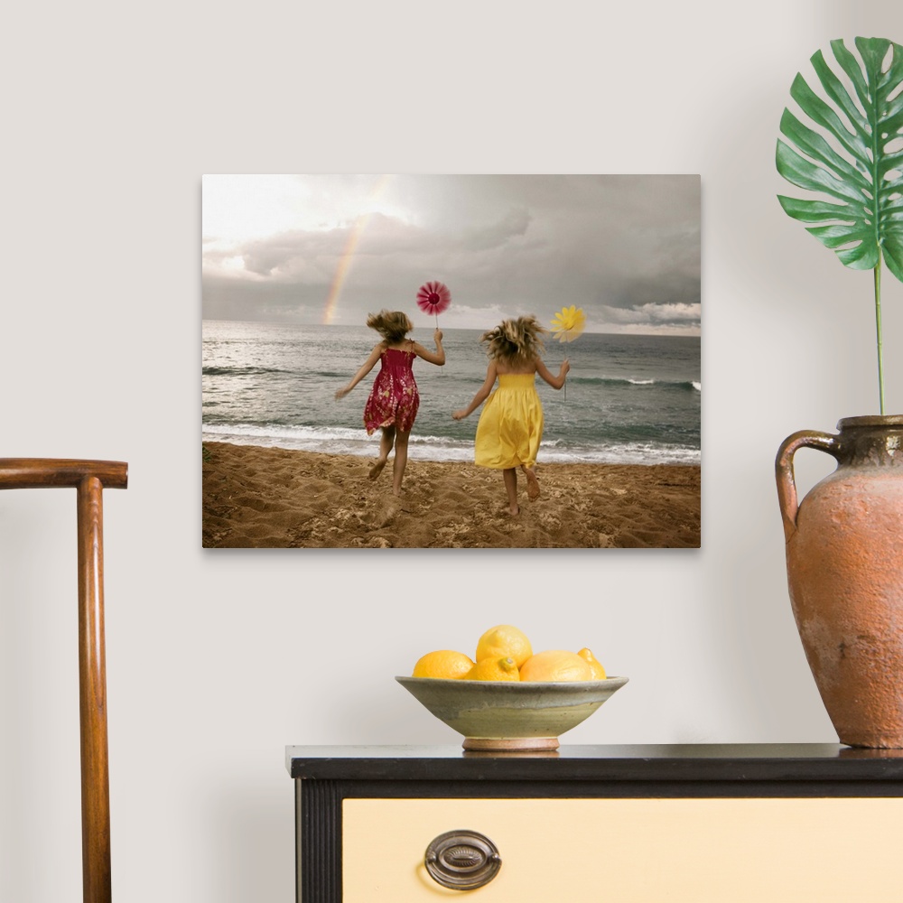 A traditional room featuring Girls running on beach holding windmills