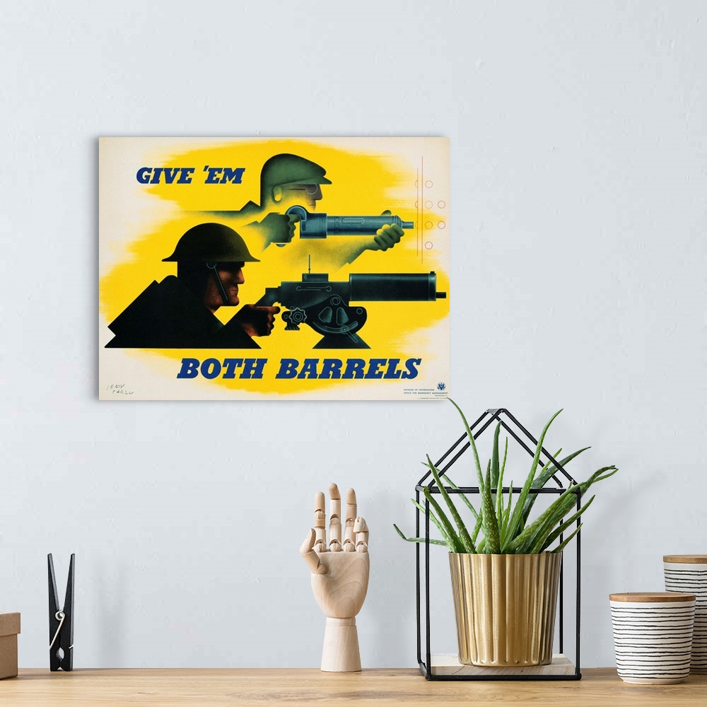 A bohemian room featuring Give 'em Both Barrels Poster By Jean Carlu