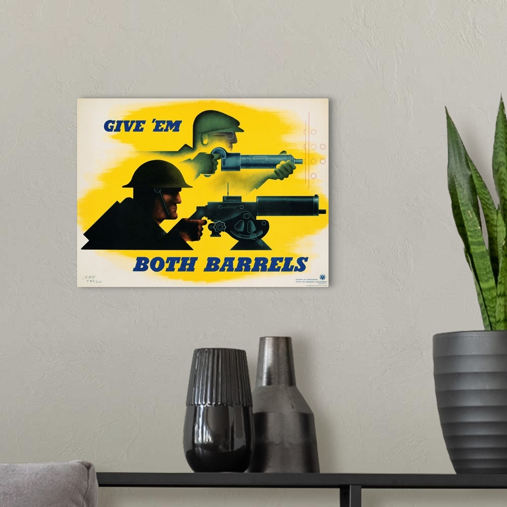 A modern room featuring Give 'em Both Barrels Poster By Jean Carlu