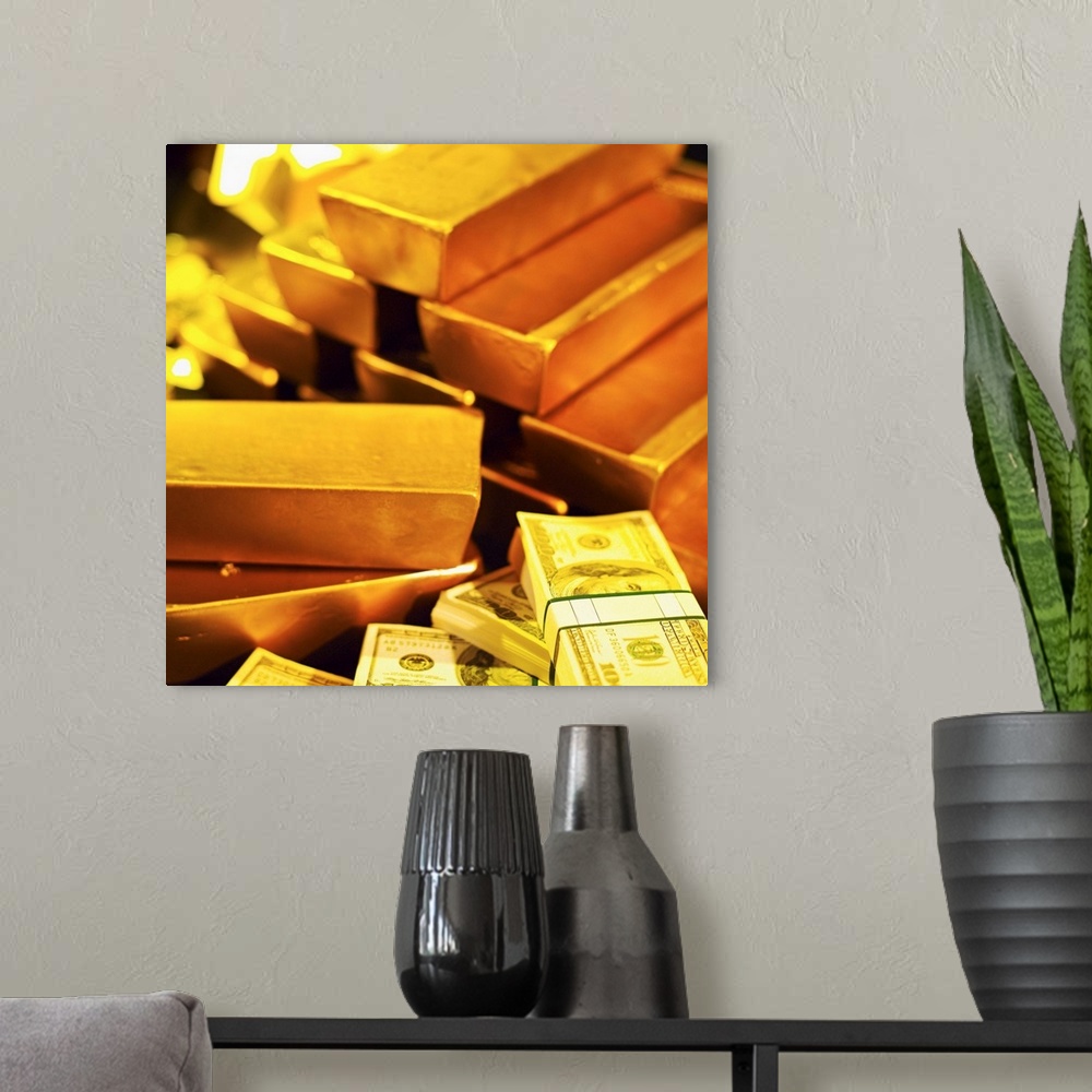 A modern room featuring Gold bars and bank notes