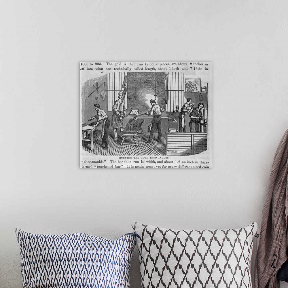 A bohemian room featuring A print depicts United States Mint workers as they process gold to make gold coins. San Francisco...
