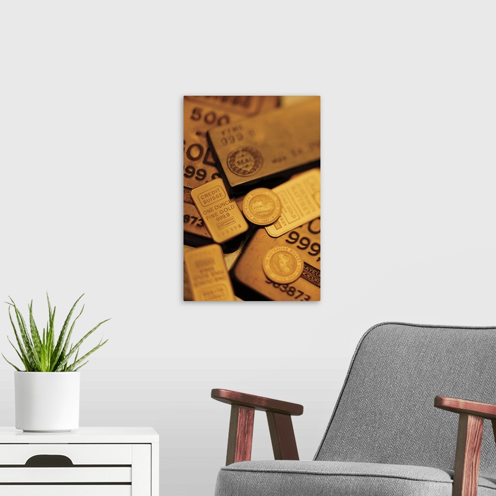 A modern room featuring Gold coins