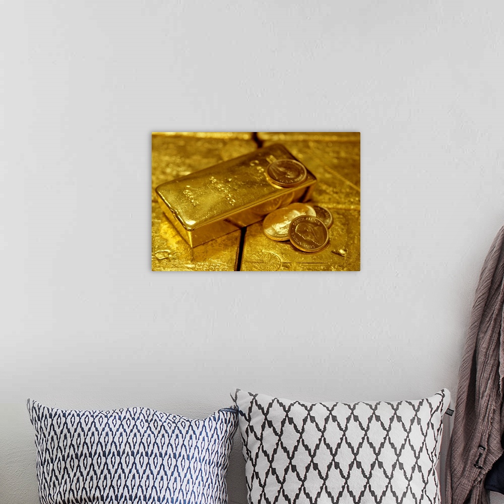 A bohemian room featuring Gold ingots and gold coins, (Close-up)