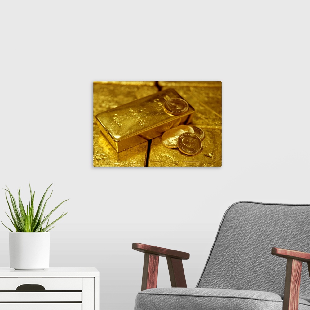 A modern room featuring Gold ingots and gold coins, (Close-up)