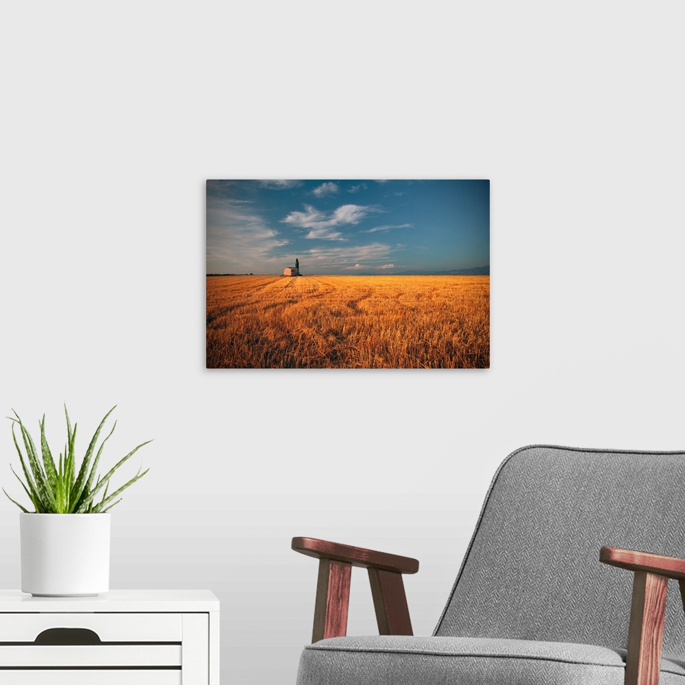 A modern room featuring Golden field sky on background.