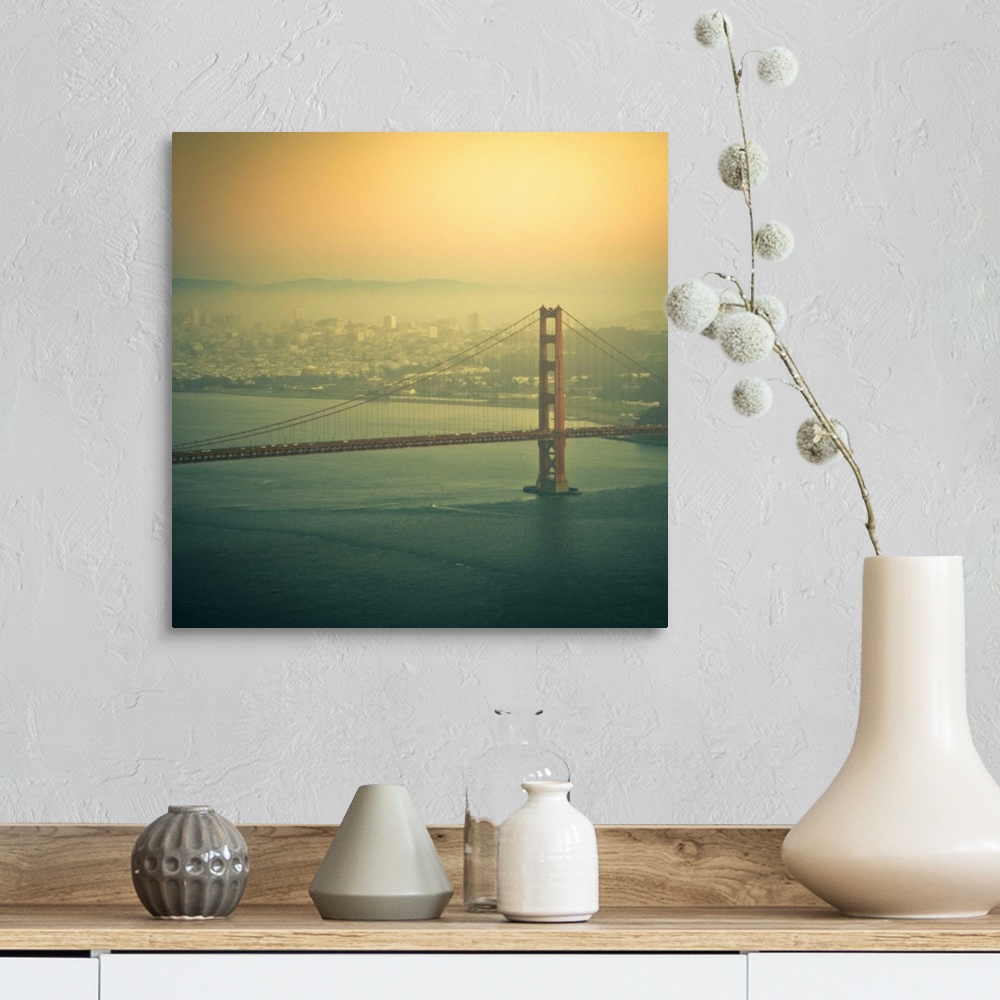 A farmhouse room featuring Golden Gate bridge at sunset in San Francisco, US.
