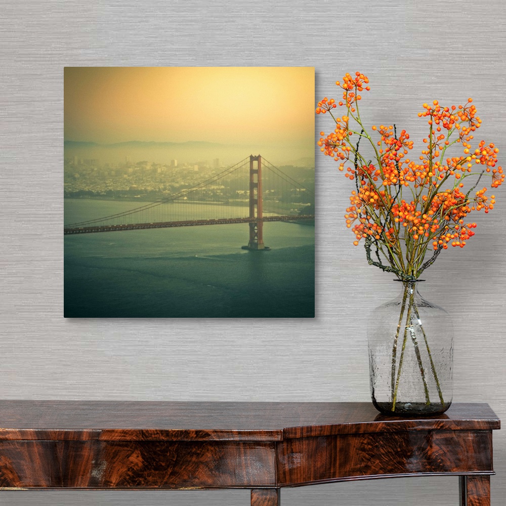 A traditional room featuring Golden Gate bridge at sunset in San Francisco, US.