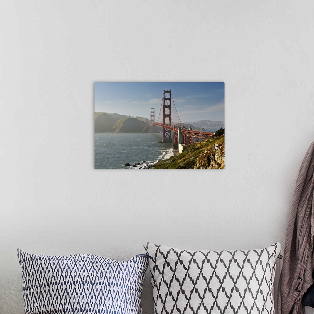 A bohemian room featuring Golden Gate bridge looking north from bluffs by Marshall beach.