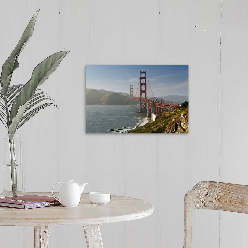 A farmhouse room featuring Golden Gate bridge looking north from bluffs by Marshall beach.