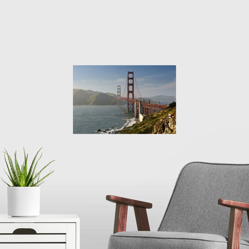 A modern room featuring Golden Gate bridge looking north from bluffs by Marshall beach.