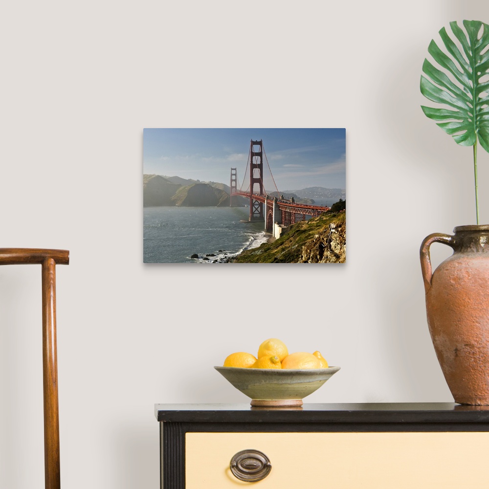 A traditional room featuring Golden Gate bridge looking north from bluffs by Marshall beach.