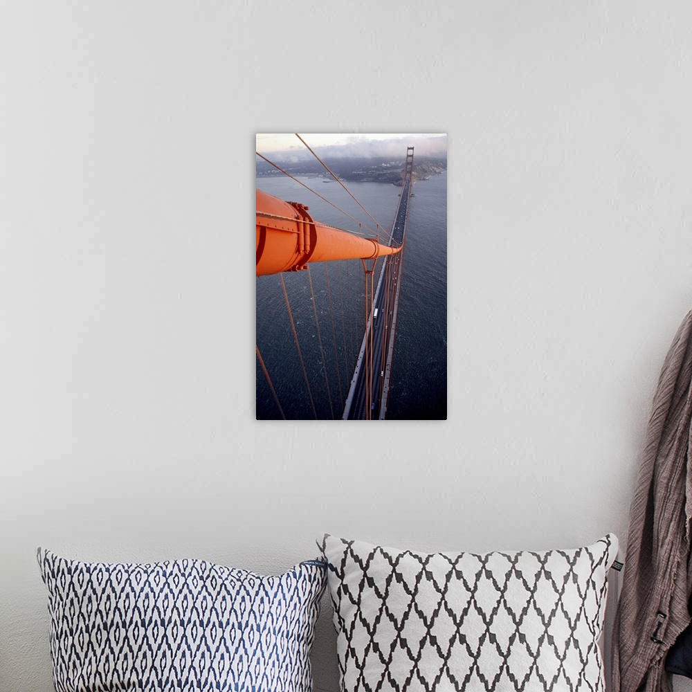 A bohemian room featuring High angle vertical panoramic photograph of iconic overpass located in west coast city.