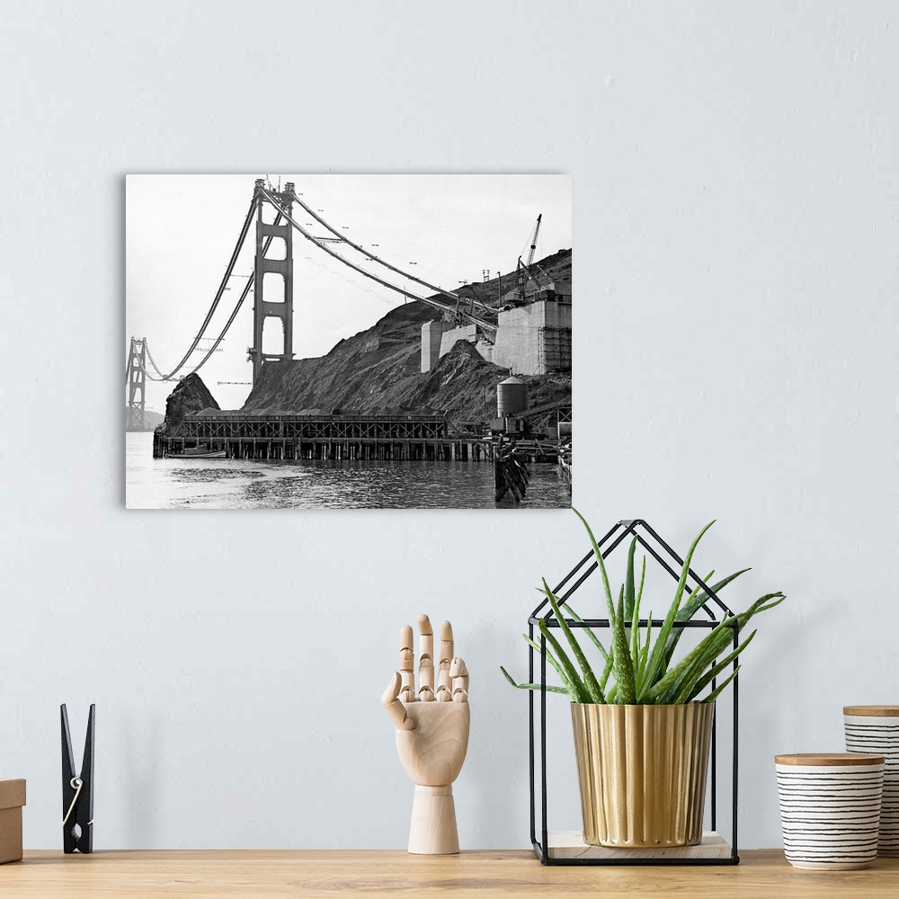 A bohemian room featuring This photo shows the anchorage of the cables supporting the bridge across the golden gate, which ...