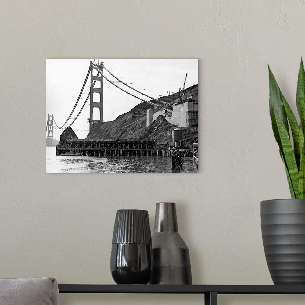 A modern room featuring This photo shows the anchorage of the cables supporting the bridge across the golden gate, which ...