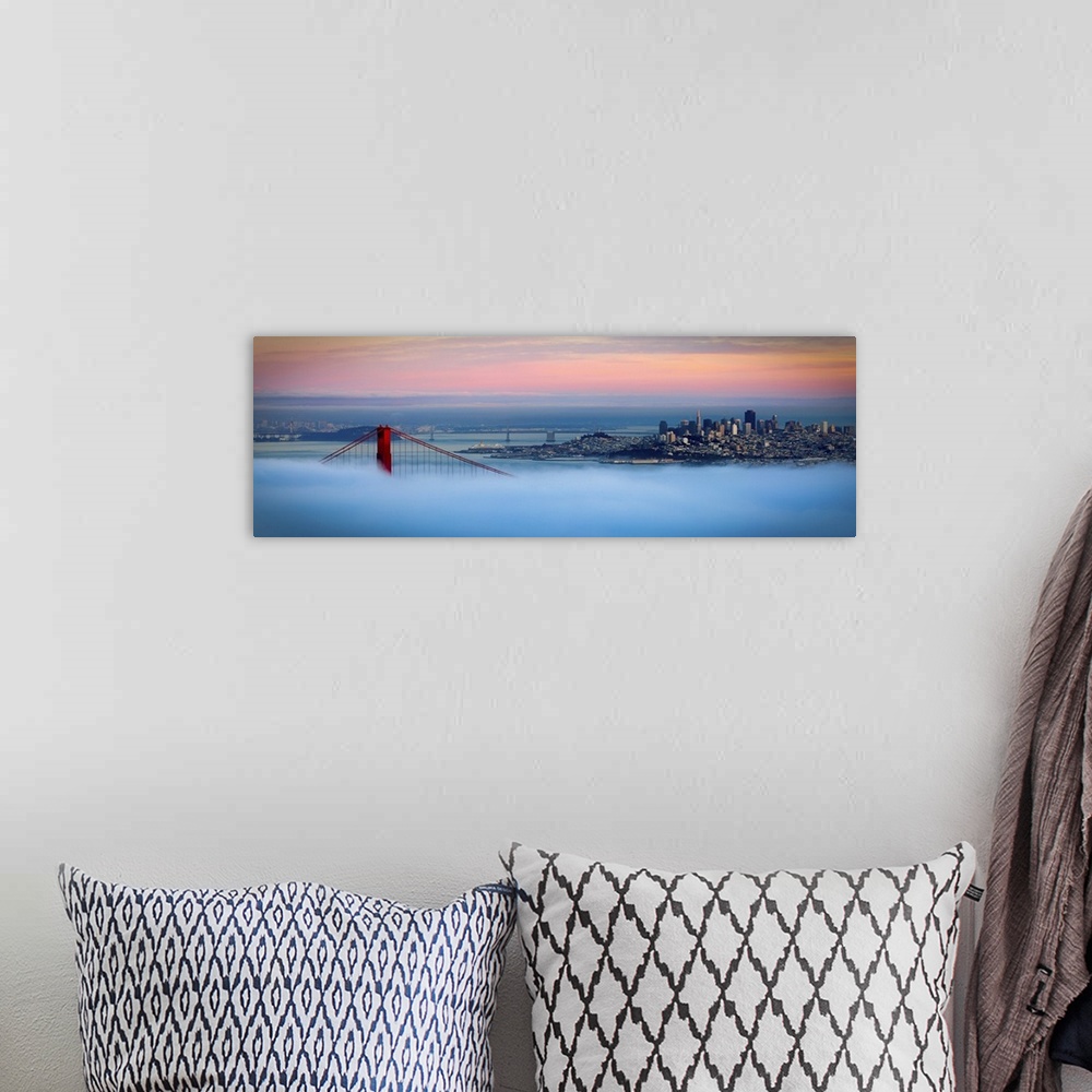 A bohemian room featuring Panoramic photo of one of the tops of the Golden Gate bridge peeking through the dense fog with t...