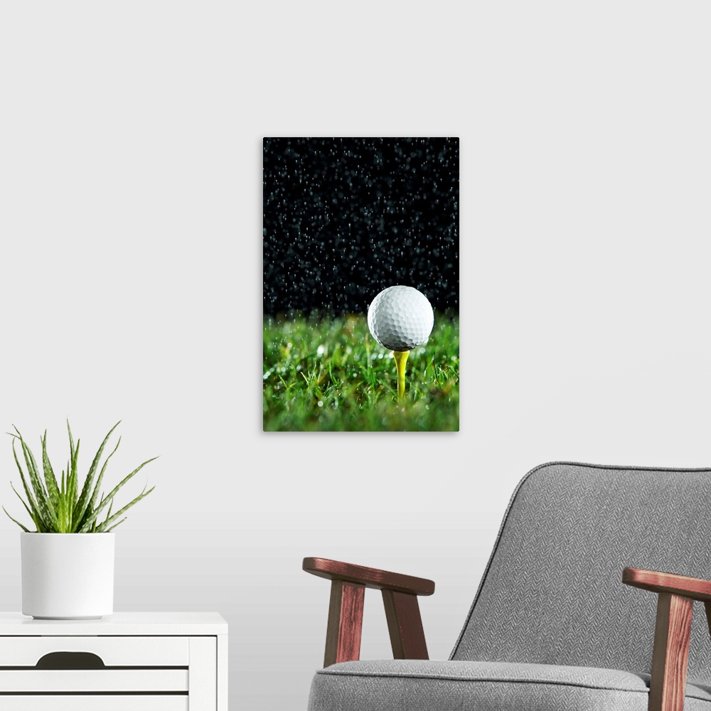 A modern room featuring Golf ball on tee in rain