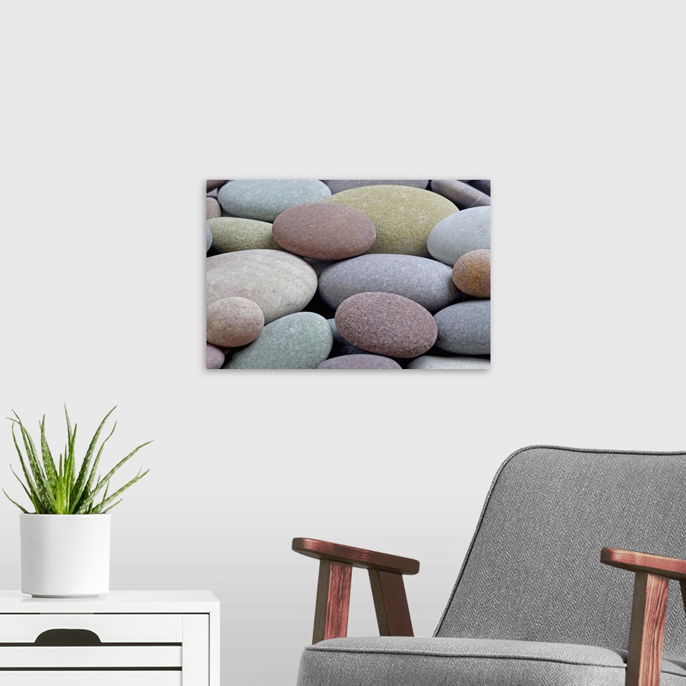 A modern room featuring Granite pebbles on beach, full frame