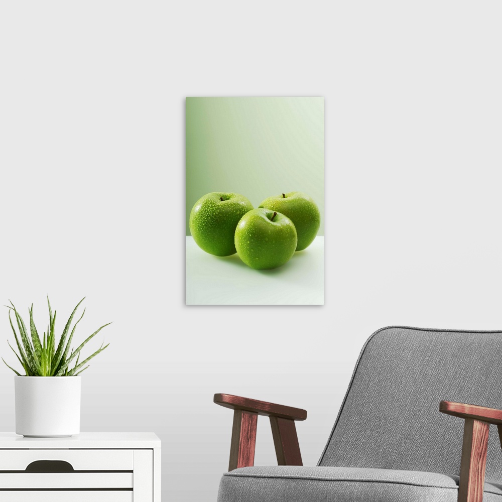 A modern room featuring Granny Smith apples