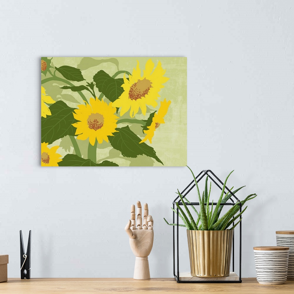 A bohemian room featuring graphic handed painted style illustration of sunflowers