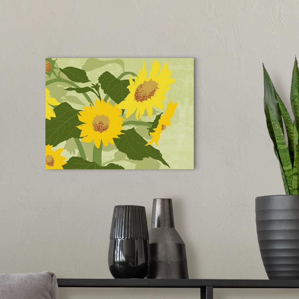 A modern room featuring graphic handed painted style illustration of sunflowers