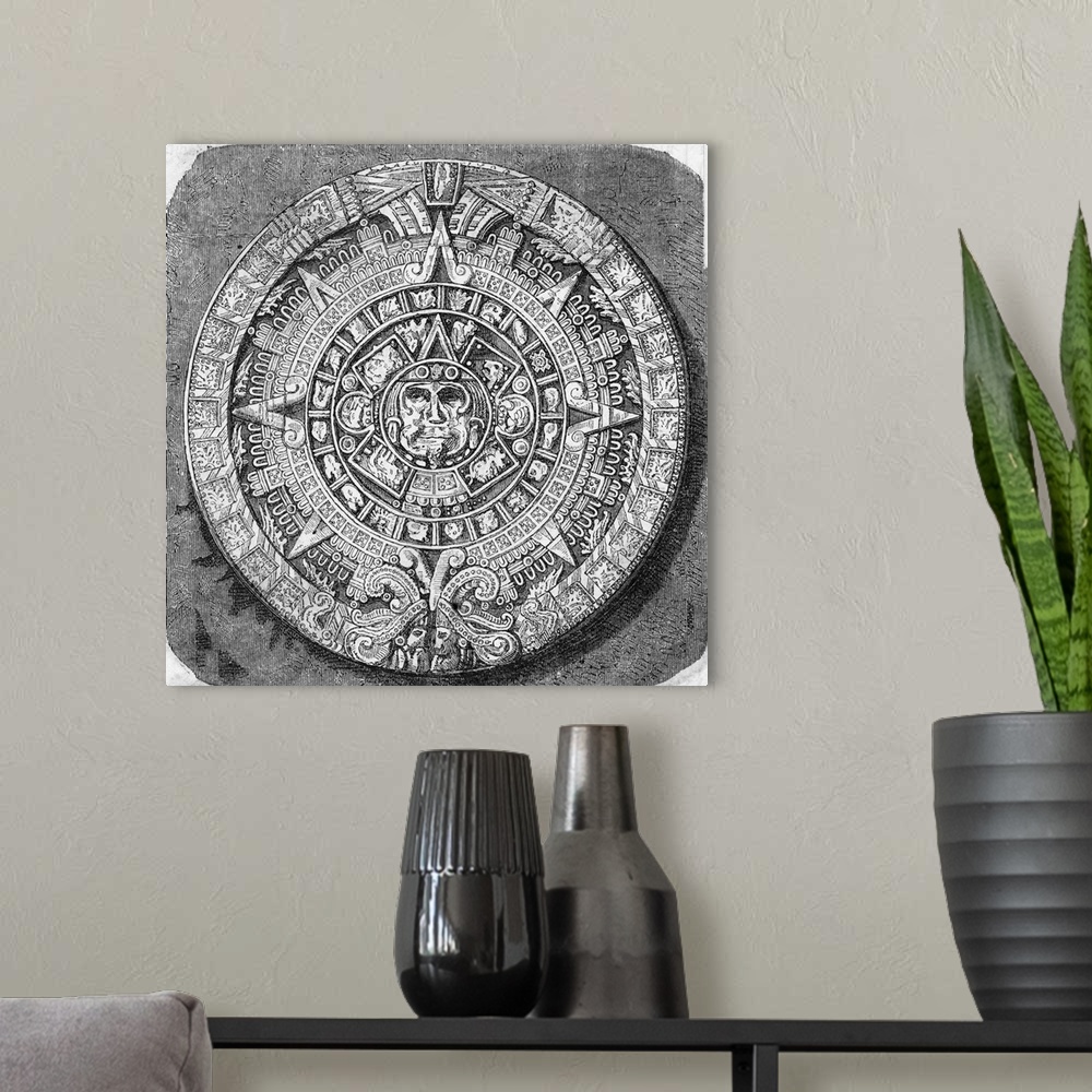 A modern room featuring Great Aztec Calendar Stone