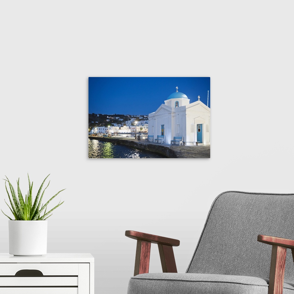 A modern room featuring Greece, Cyclades Islands, Mykonos, Church in harbor