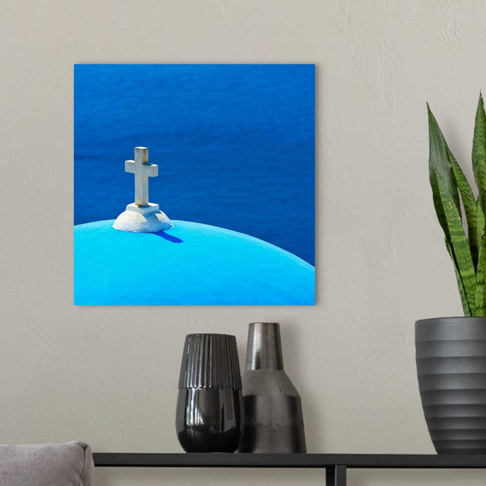 A modern room featuring Greece, Cyclades Islands, Santorini, Oia, Church dome with cross by sea