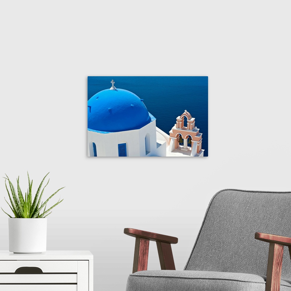 A modern room featuring Greece, Cyclades Islands, Santorini, Oia, Church with bell tower by sea