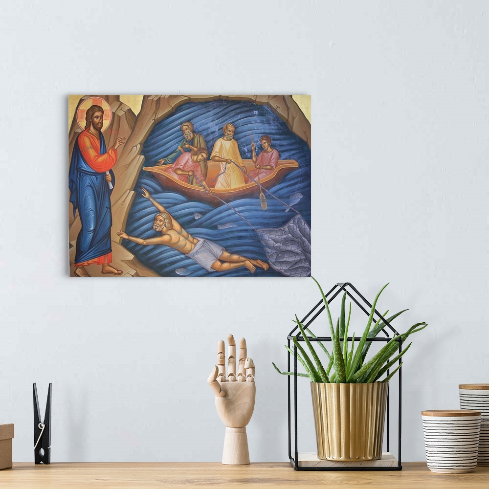 A bohemian room featuring Greek Orthodox Fresco Depicting The Miracle Of The Fish
