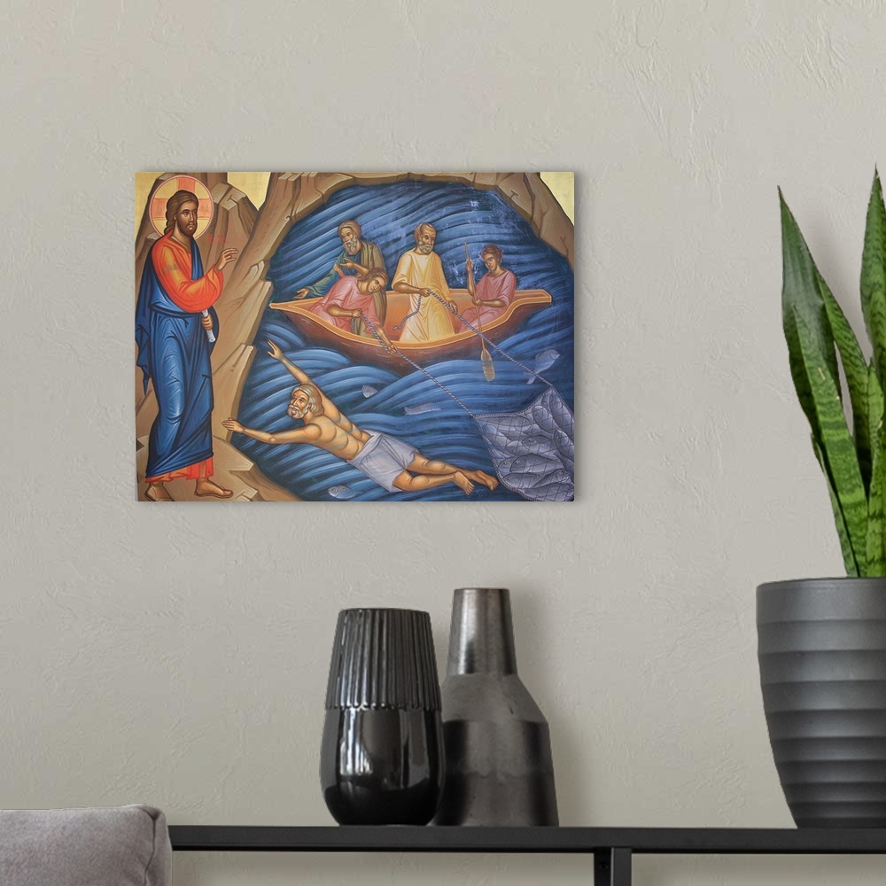 A modern room featuring Greek Orthodox Fresco Depicting The Miracle Of The Fish