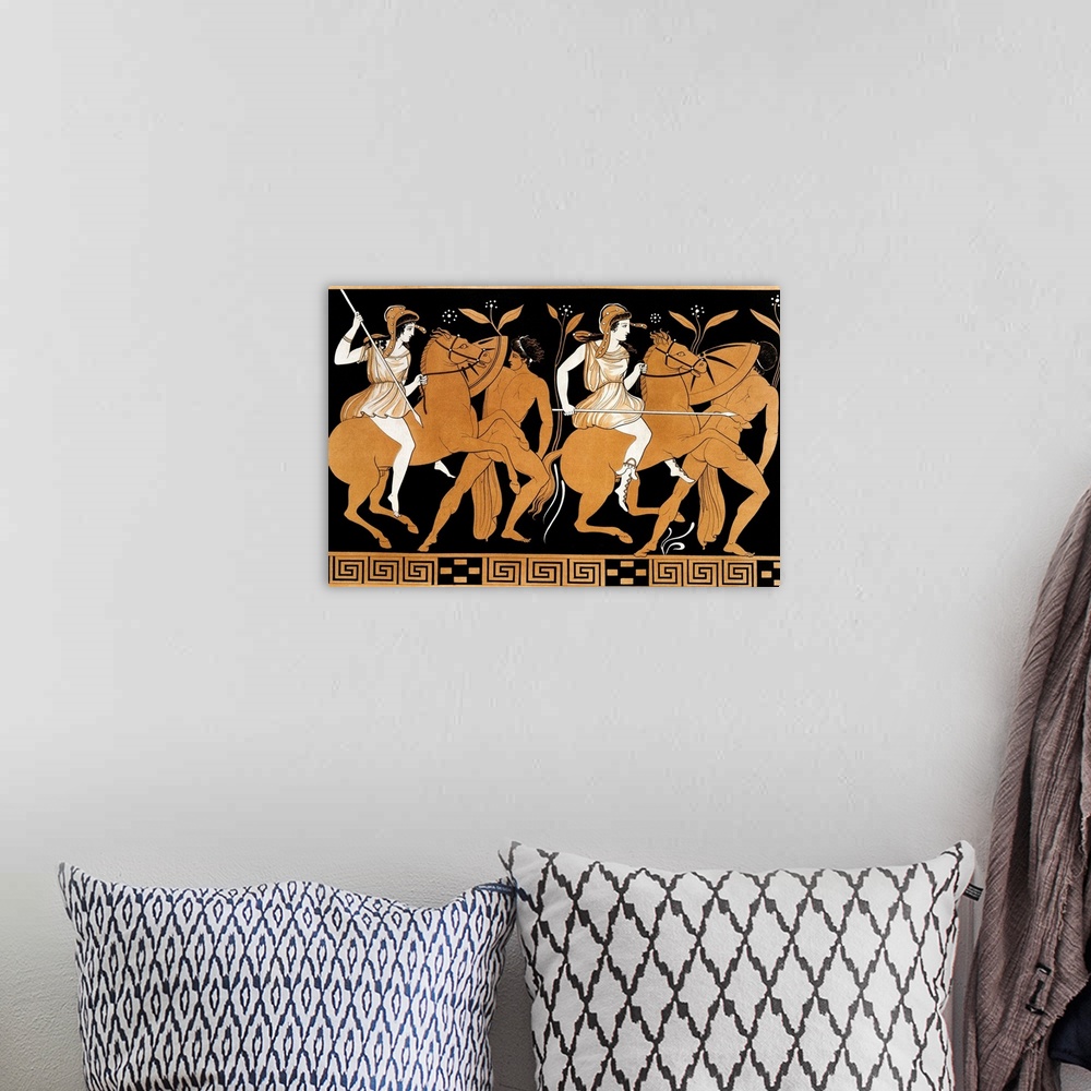 A bohemian room featuring Greek Vase Illustration Of Two Amazons On Horses After Two Youths
